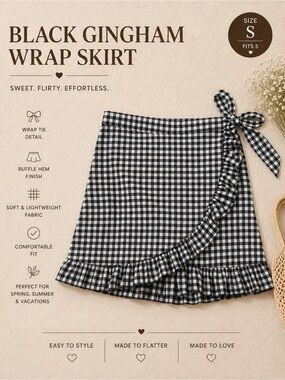 Black & White Gingham Wrap Ruffle Mini Skirt | Size S